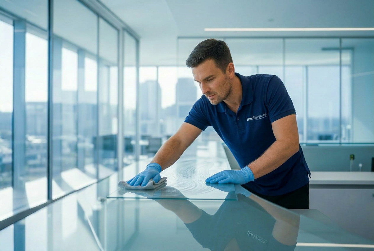 Box Services cleaner polishing a glass office desk in a bright Canberra workspace