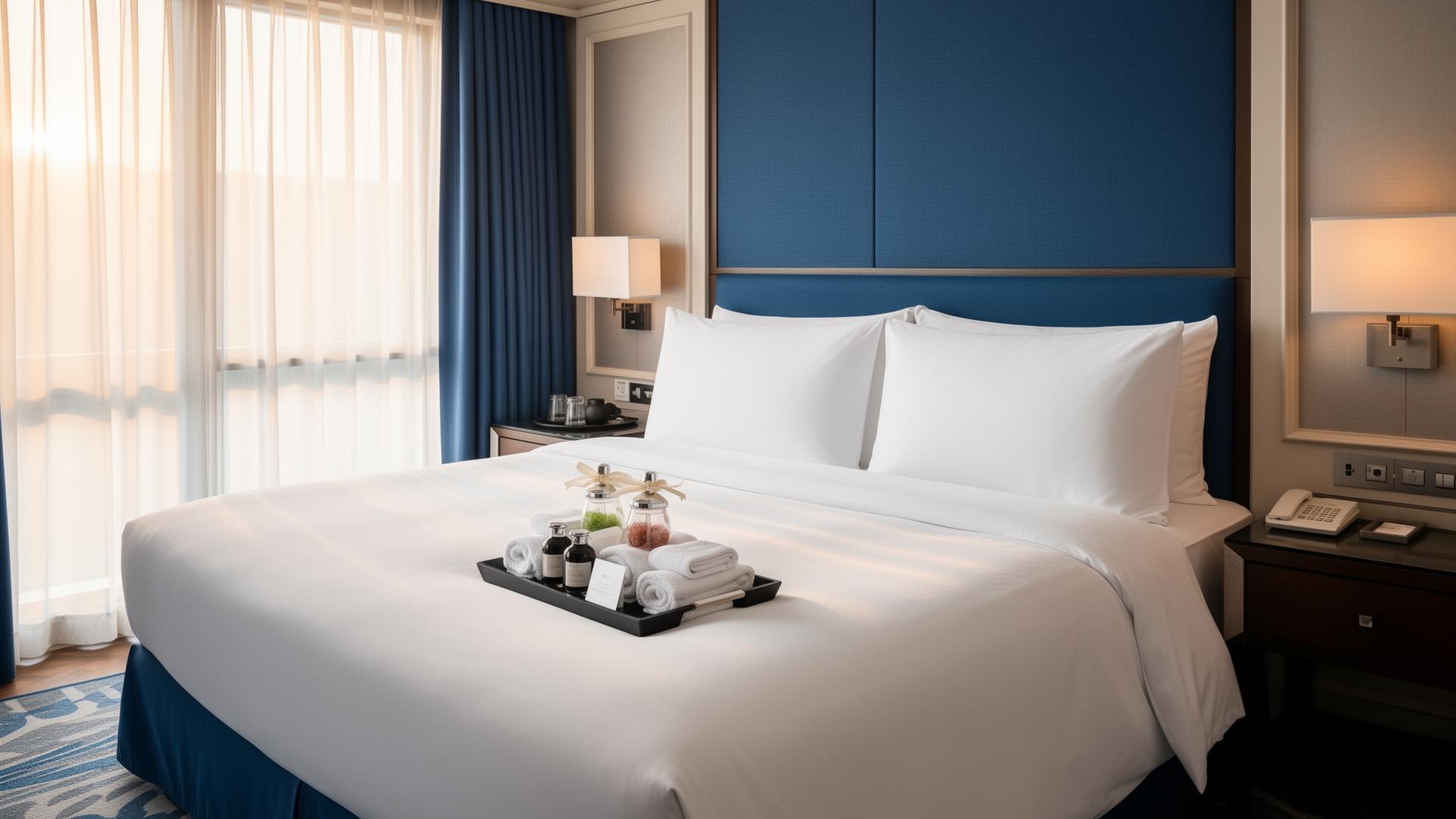 Freshly made up hotel room with crisp white linen and amenities tray